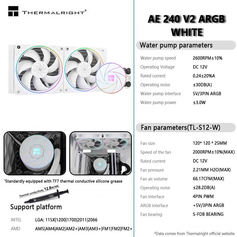 Cpu Water Cooler 240Mm Rgb - Thermalright AQUA ELITE 240 V2 negro/blanco